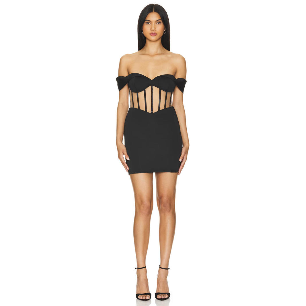 Revolve Rta Evie Mini Dress Black Off-The-Shoulder Mesh Corset M Nwt $295msrp